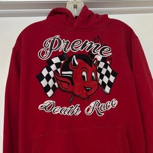 Red Preme Death Race Hoodie with detailed front and back design
